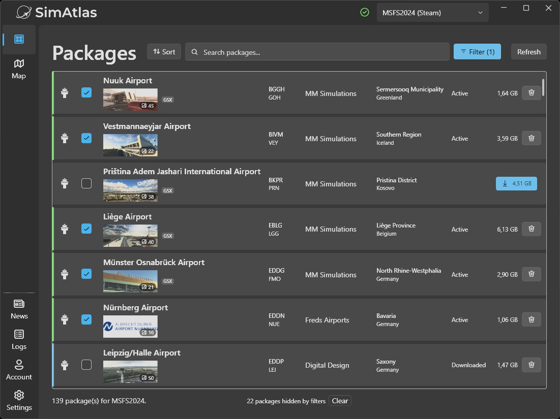 SimAtlas desktop app showing the package library